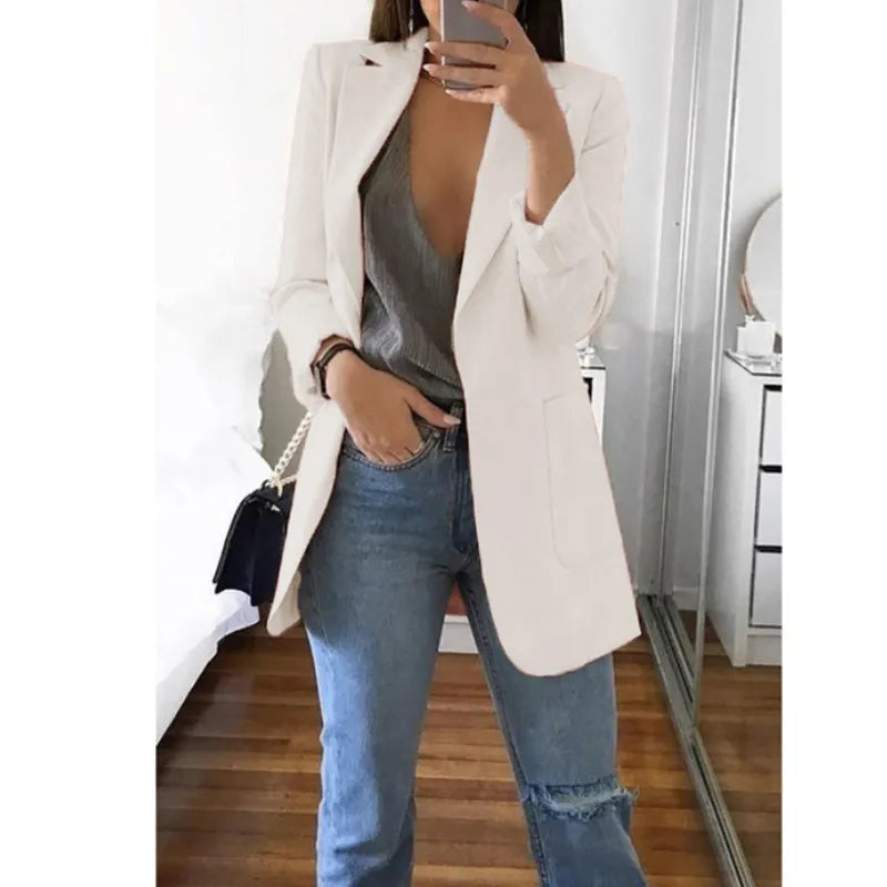 Casual Polo Neck Slim Fit Open Front Long Sleeve Women's Blazer