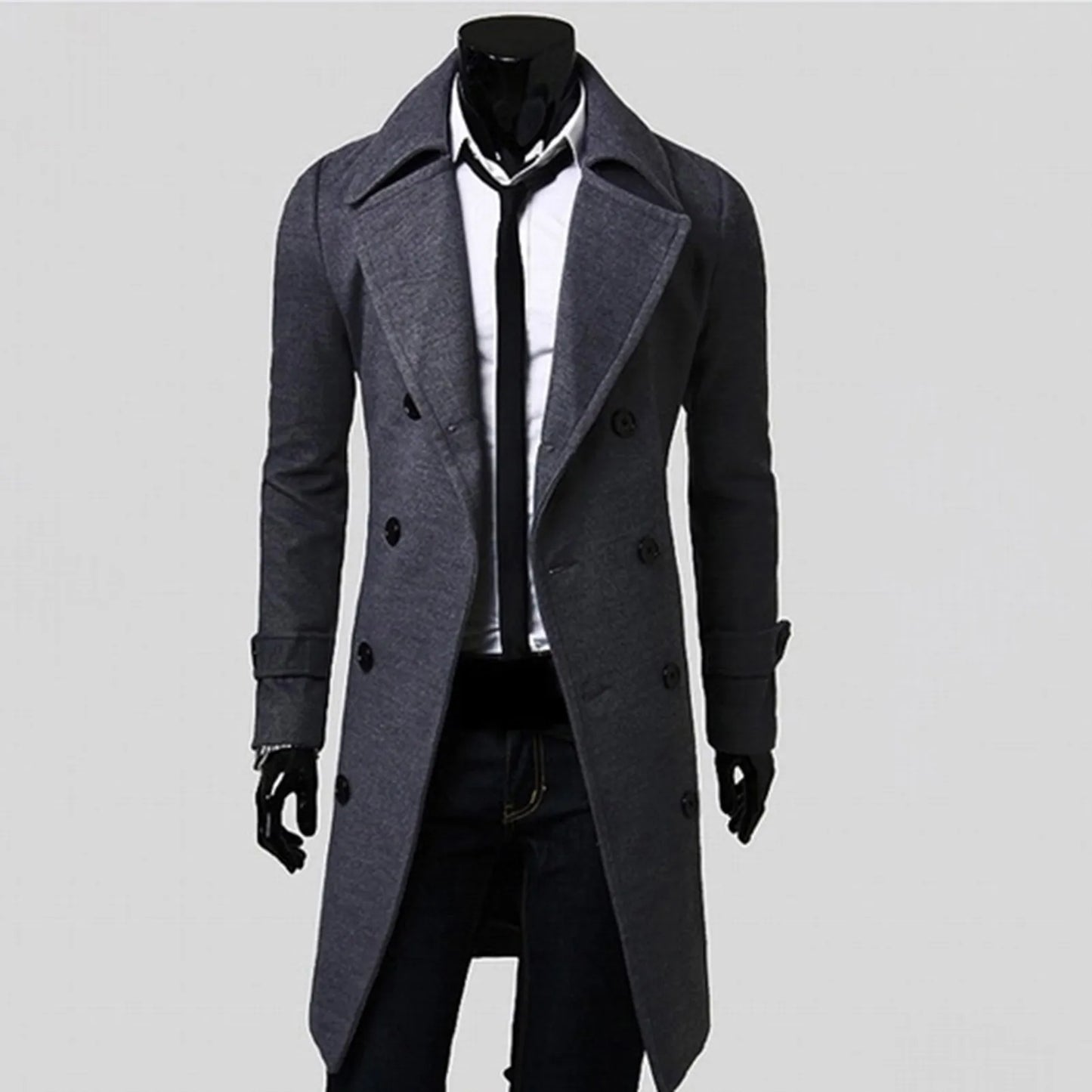 Long Double-breasted Slim Wool Trench Coat