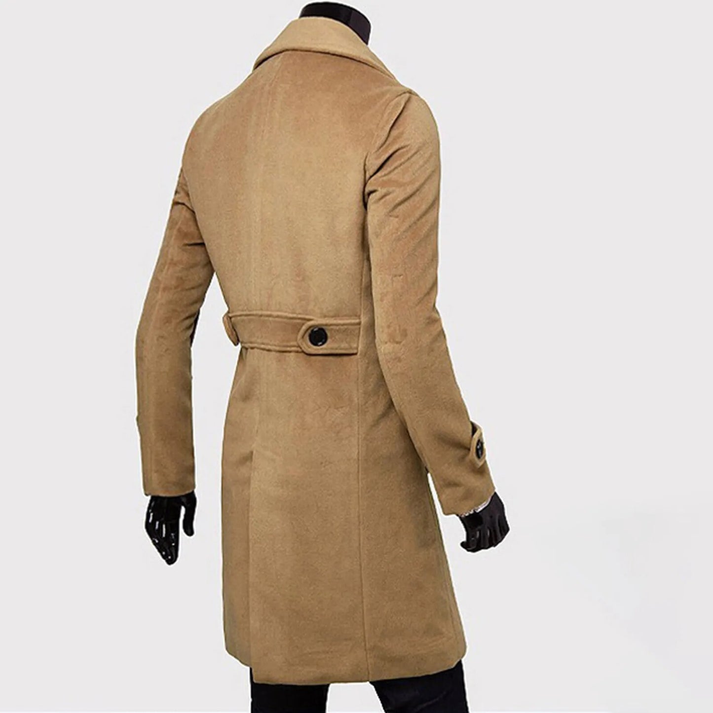 Long Double-breasted Slim Wool Trench Coat