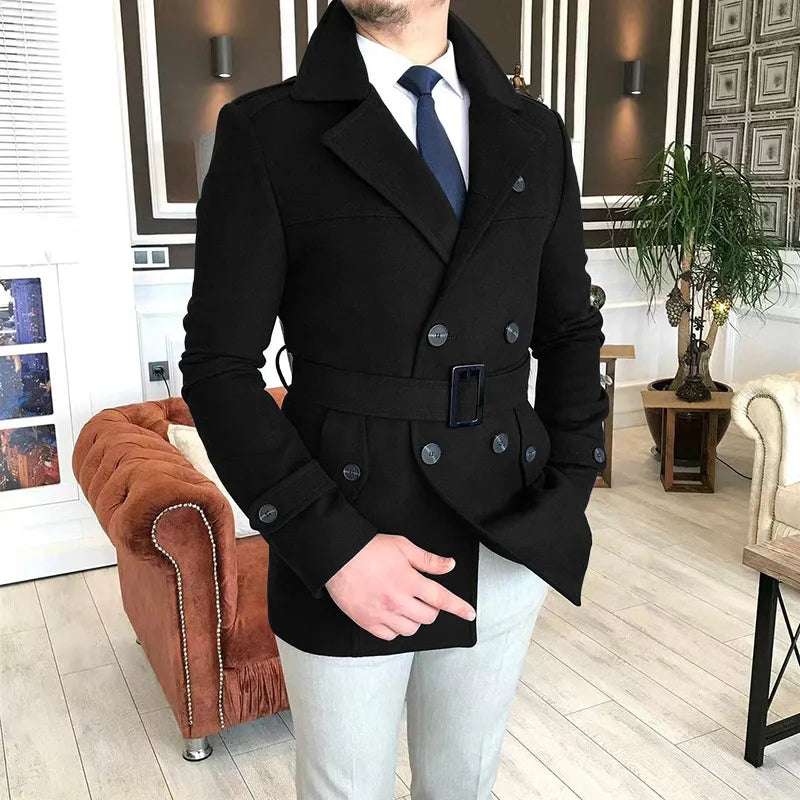 Men's Double Breasted Short Woolen Overcoat