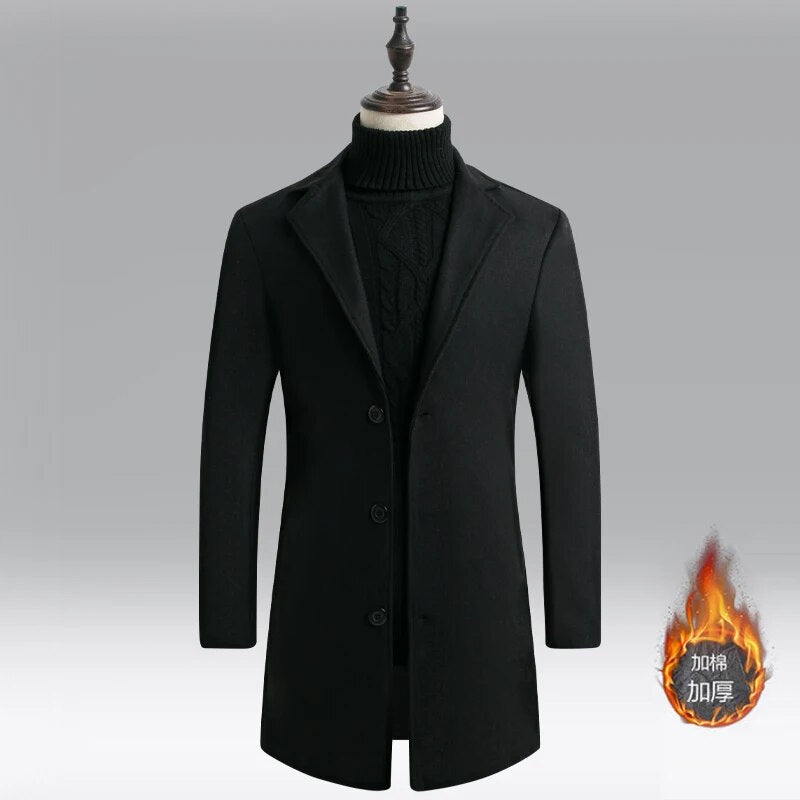 Men's Long Woolen Trench Coat, Lapel Buttons