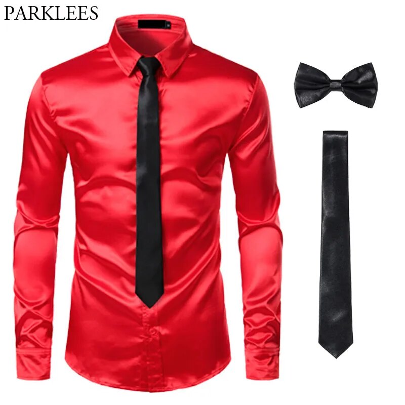 Black Men's Sleek Satin Slim Fit Dress Shirt and Tie Set