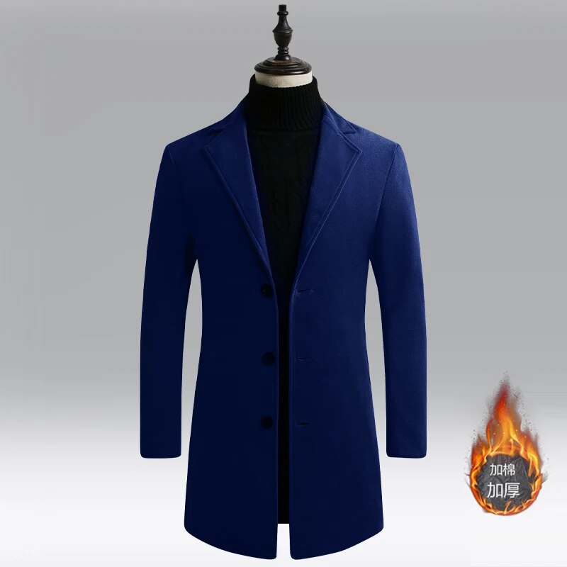 Men's Long Woolen Trench Coat, Lapel Buttons