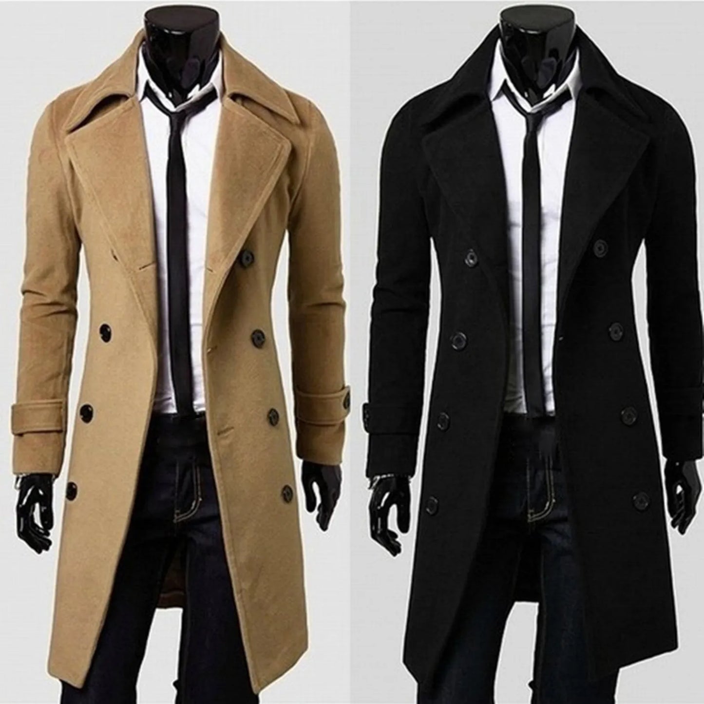 Long Double-breasted Slim Wool Trench Coat