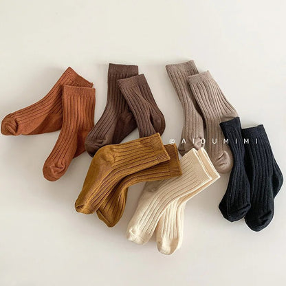 Warm Children Socks Retro Solid Color Double Needle Style for Baby Boys and Girls  100% Cotton Tube Socks For ages 1-9