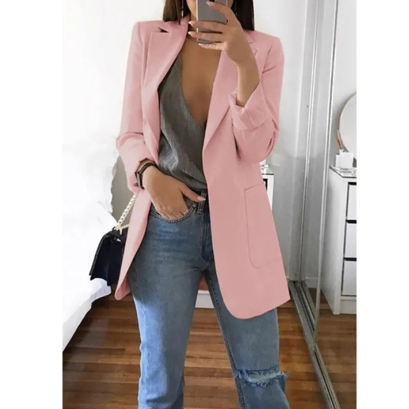 Casual Polo Neck Slim Fit Open Front Long Sleeve Women's Blazer