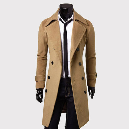 Long Double-breasted Slim Wool Trench Coat