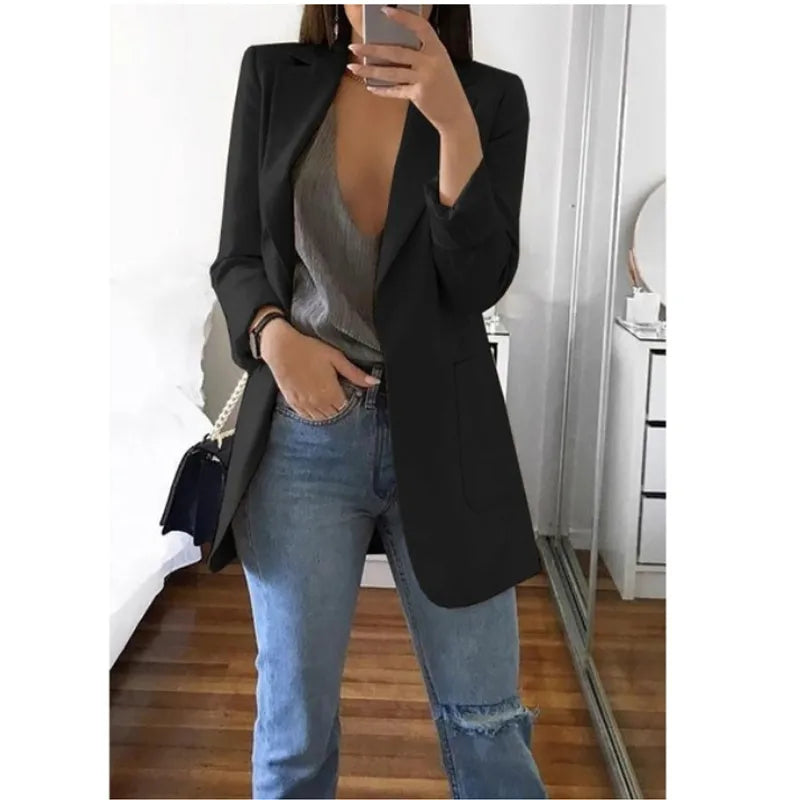 Casual Polo Neck Slim Fit Open Front Long Sleeve Women's Blazer