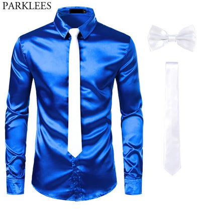 Black Men's Sleek Satin Slim Fit Dress Shirt and Tie Set