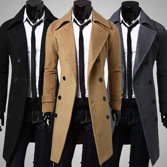 Long Double-breasted Slim Wool Trench Coat