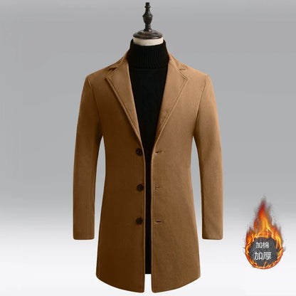 Men's Long Woolen Trench Coat, Lapel Buttons