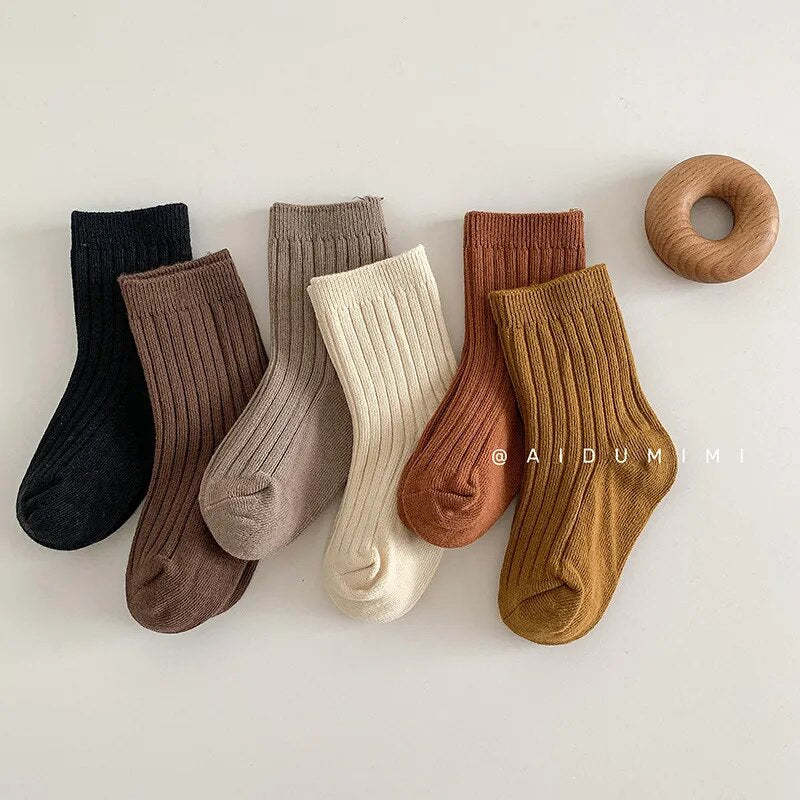 Warm Children Socks Retro Solid Color Double Needle Style for Baby Boys and Girls  100% Cotton Tube Socks For ages 1-9