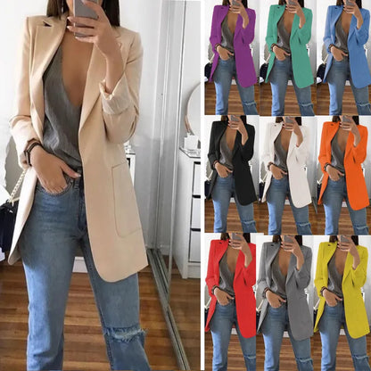 Casual Polo Neck Slim Fit Open Front Long Sleeve Women's Blazer