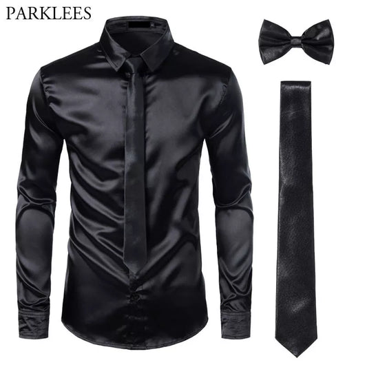 Black Men's Sleek Satin Slim Fit Dress Shirt and Tie Set