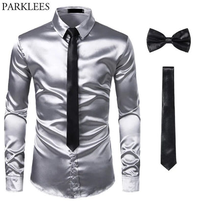 Black Men's Sleek Satin Slim Fit Dress Shirt and Tie Set