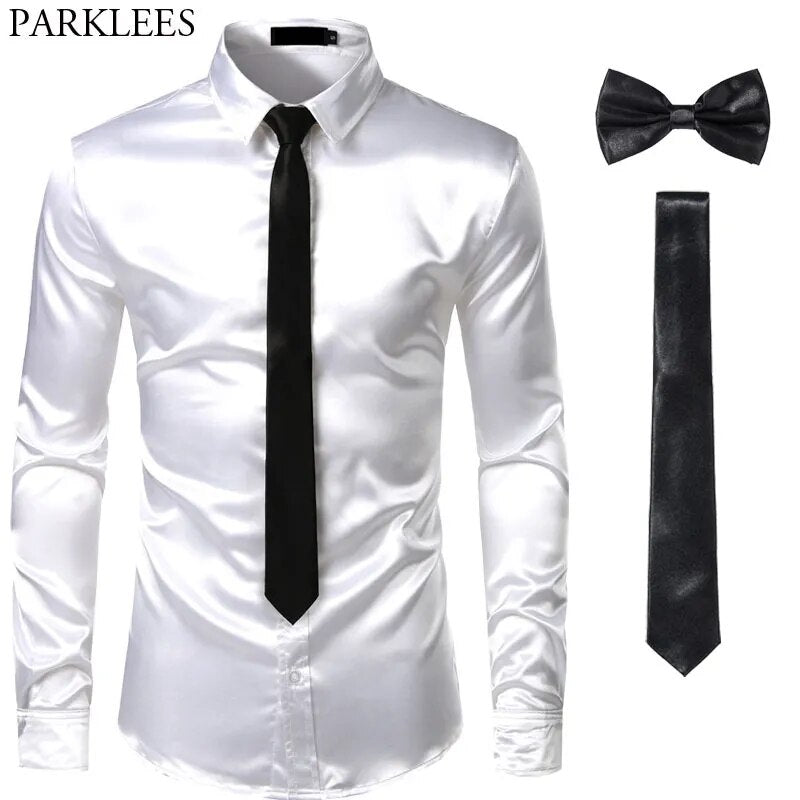 Black Men's Sleek Satin Slim Fit Dress Shirt and Tie Set