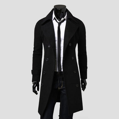 Long Double-breasted Slim Wool Trench Coat