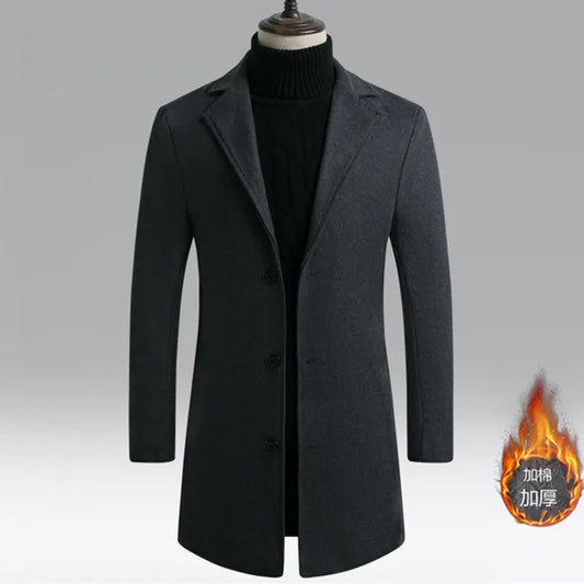 Men's Long Woolen Trench Coat, Lapel Buttons